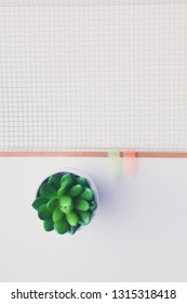 Top view image of open notebook with blank pages on wooden table. open notebook