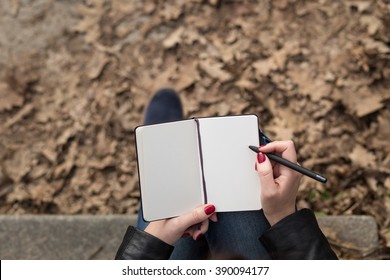 Top View Image Of Open Pad In Female Hands With Pen Sitting On Stairs In The Park. Blank Sheets Of Small Notebook Overhead View