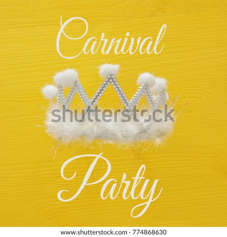 Top view image of white party crown. Flat lay. Copy space