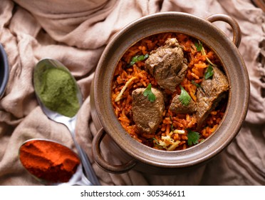 Top View Of Indian Dum Biryani Lamb