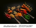 Top view of Indian traditional whole spices in black background, garam masala