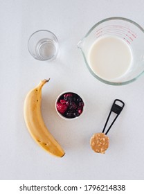 Top View Of Ingredients For A Banana And Peanut Butter Shake