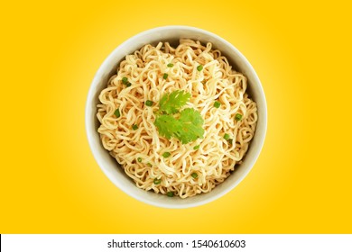 Top View Instant Noodles In The Bowl Isolated On Yellow Background