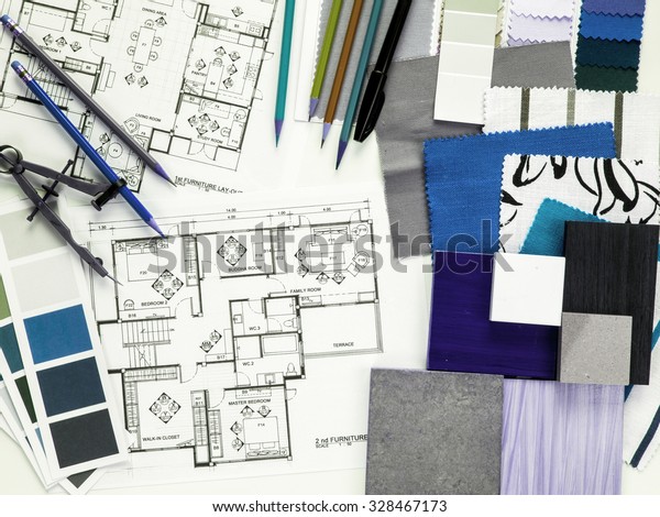 Top view of Interior\
designer& architect working as home decoration and renovation\
concept