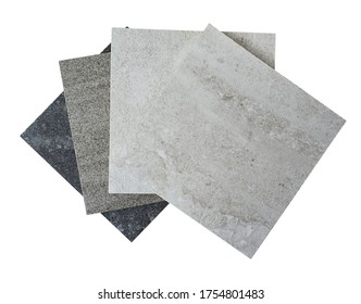 Top View Of Interior Floor Or Wall Tile Samples In Square Shape Contains Grey Travertine ,dark Grey And Black Marble Isolated On White Background With Clipping Path.