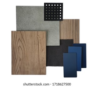 top view of interior material contains wooden and concrete vinyl floor, blue laminate samples, fabric and perforated metal. interior materials isolated on white backgroud (focus on wooden texture).