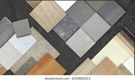 top view of interior material samples board including artificial stones, wooden tiles, concrete vinyl flooring tile, drape catalog, fabric placed on dark black marble table background.