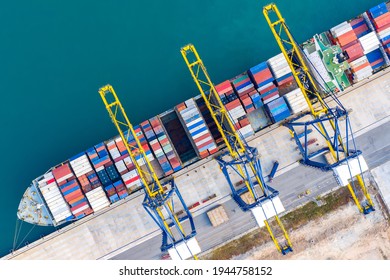 Top view of International Container  ship loading and unloading at sea port, Freight Transportation, Shipping, Nautical Vessel. Logistics, import export, oversea Transportation.