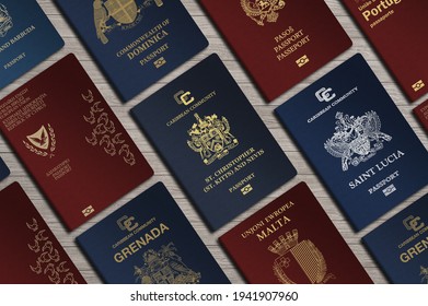 Top View, International Passports, citizenship  by Investment, Nationality, Malta, Citizens of Kitts and Nevis, Portugal, Cyprus, Dominica, Montenegro, Saint Lucia, Grenada - Shutterstock ID 1941907960