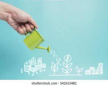 Top view Investment is like planting trees. Take care it will provide a good growth on colorful backgound.Watering can and money tree drawn concept for business investment, savings and making money.