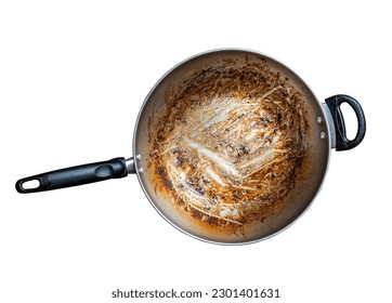 Top view of iron frying pan with burning mark, oily stains after cooking. Ingrain burning on iron pan, black handle, big area of oily stains, burnt black blemish. Isolated image on white background.