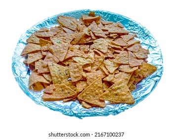 Top View Of Isolated Circular Platter With Nacho Chips