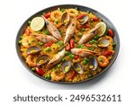 Top view, isolated on white background, of a plate of paella.