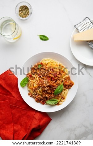 Top view of italian pasta spaghetti bolognese in bowl