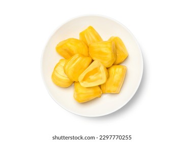 Top view of jackfruit pulp in white plate isolated on white background. Clipping path.