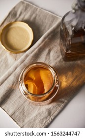 Top View Of Jar With Kombucha On Grey Napkin