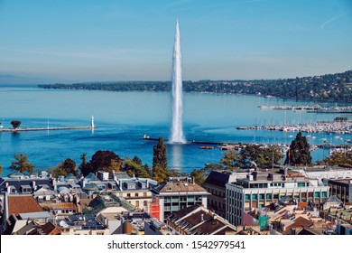 Top view of the Jet d'Eau is a large fountain in Geneva, Switzerland.
