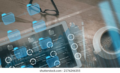 Top view Kanban board framework on virtual modern digital tablet computer showing innovation Agile software development lean project management tool for fast changes on wood desk and coffee cup. - Powered by Shutterstock