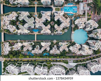 Top View Of Keppel Bay With Modern Residence In Singapore City.