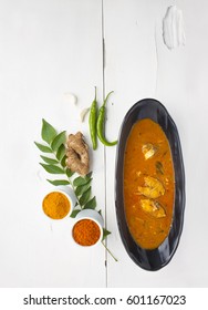 Top View Of Kerala Meen Curry Or Fish Curry Served With Puttu