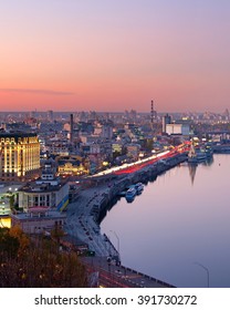 Top View Of Kiev With Reflection In Dnieper River At Dusk. Ukraine