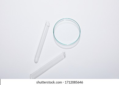 Top View Of Laboratory Petri Dish And Test Tubes On Grey Background