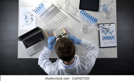 Top view of laboratory worker examining prepared sample under microscope - Powered by Shutterstock