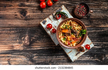 Top View Of Lagman Or Laghman Uzbek And Central Asia Cuisine Concept. Assorted Uzbek Food.