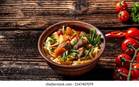 Top View Of Lagman Or Laghman Uzbek And Central Asia Cuisine Concept. Assorted Uzbek Food.