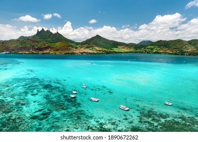 Top View Of The Lagoon And Coral Reef Of Mauritius In The Indian Ocean.