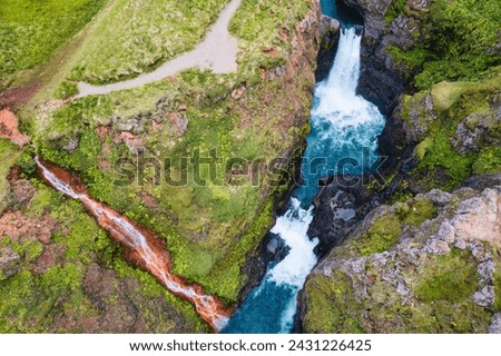 Top view landscape of Kolugljufur gorge and Kolufoss waterfall in summer at Northern Iceland