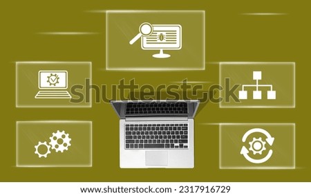 Top view of laptop with symbol of software testing concept