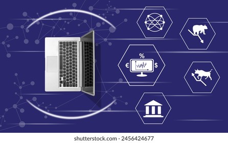 Top view of laptop with symbol of stock exchange concept