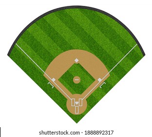 top view of  layout empty sport baseball field with diamond shaped real green realistic grass and copy space. Team sports recreation competition background