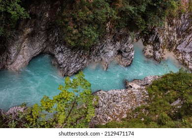 Top View of Leutascher Ache River in Tyrol. Leutascher Geisterklamm in Austrian Nature. Turquoise Clear Water from Above.