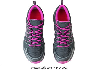 Top View Of Lightweight Hiking Boots Shoes For Women In Black And Pink, Isolated On White Background

