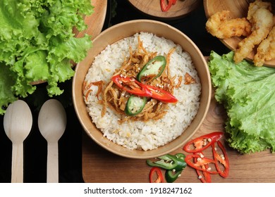 Top View Of Liwet Rice Or Nasi Lemak With Shredded Chicken Side Dishes.