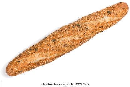    Top view of loaf of whole grain multigrain bread  include edible seeds such as poppy, millet,  flaxseed,  pumpkin seeds, and sunflower seeds isolated on white background. - Powered by Shutterstock