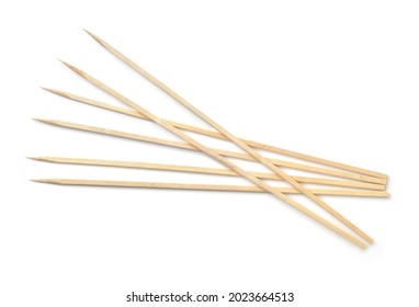 Top View Of Long Bamboo Wood  BBQ Skewers Isolated On White