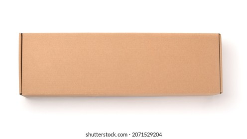 Top view of long closed rectangle blank brown cardboard box isolated on white