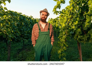 Top view looking at camera young male farmer standing with hands in pockets smiling enjoying relaxing in vineyard. winemaking worker on the background of green plantations of the vine. - Powered by Shutterstock