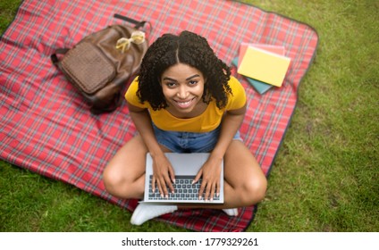 Top View Of Lovely Black Woman With Laptop Computer Studying Online On Picnic Blanket At Park