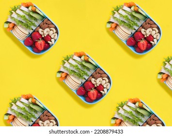 Top view of lunch box on the yellow background. Pattern. Flat lay. - Shutterstock ID 2208879433