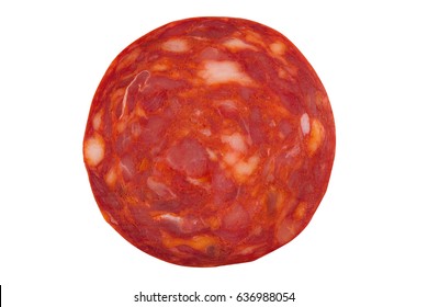 Top View Macro Detail Of  Pork Chorizo Salami Sausage Slice Texture Isolated On White Background