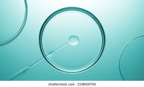 Top view macro shot of lab dropper injects insoluble transparent gel in liquid in petri dish on cyan background | Abstract skincare products formulating concept