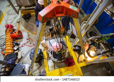 Top View Male Climb Up The Stairs Into The Tank Stainless Chemical Area Confined Space Save Lives With Rescue Rope Safety