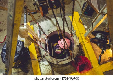 Top View Male Climb Up The Stairs Into The Tank Stainless Chemical Area Confined Space Save Lives With Rescue Rope Safety