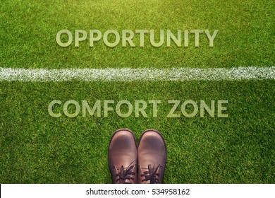 Top View, Male With Leather Shoes With A Word : Comfort Zone And Opportunity Between A Line On Green Grass Field, Making Decision In Life