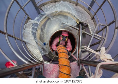 Top View Male Worker Climb Up The Stairs Into The Tank Stainless Chemical Area Confined Space Safety Blower Fresh Air