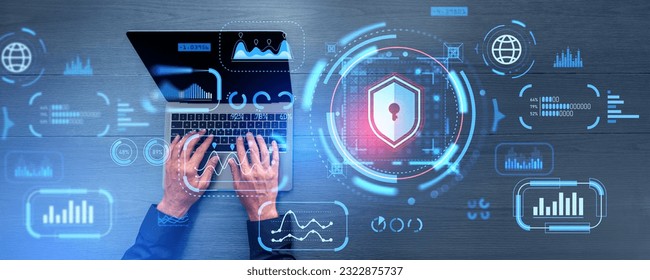 Top view man hands working with laptop, digital chart with big business data protection, graph with lines and numbers, padlock icon with shield. Concept of information and privacy - Powered by Shutterstock